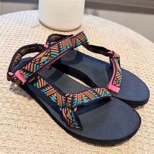Teva Women's Navy Sandals with Pink, Turquoise & Orange Aztec Straps